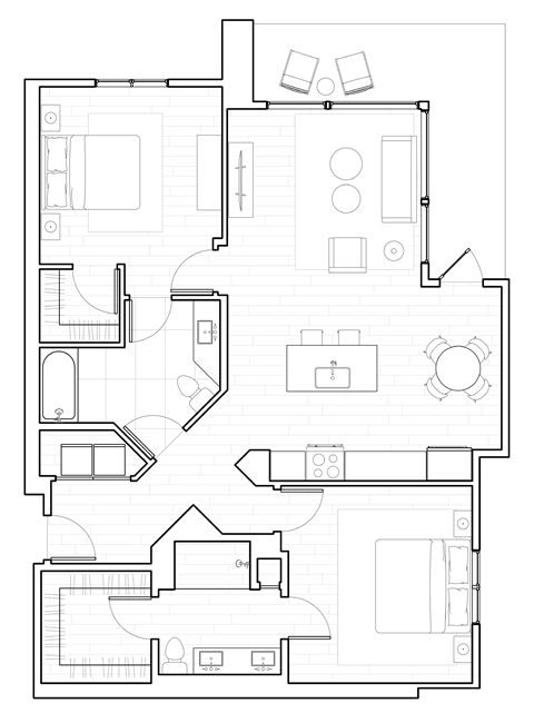 Two-Bedroom Two-Bathroom Floor Plan at The Q Variel, Woodland Hills, 91367